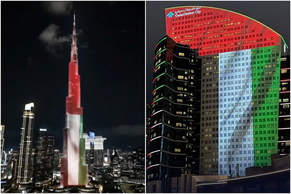 Look: Dubai skyline glows in UAE flag colours in powerful show of unity, pride